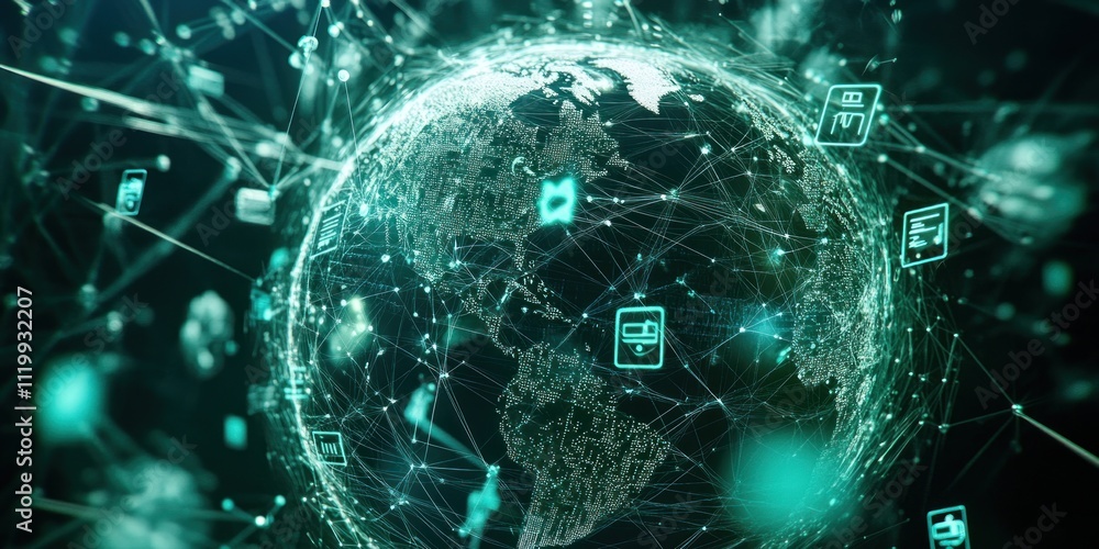 A digital representation of a connected globe with data and network symbols. A digital representation of a connected globe with data and network symbols.