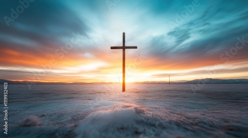 A cross embedded in a snowy field, silhouetted against a brilliant sunset sky, symbolizes faith, hope, and serenity in a breathtaking natural landscape.