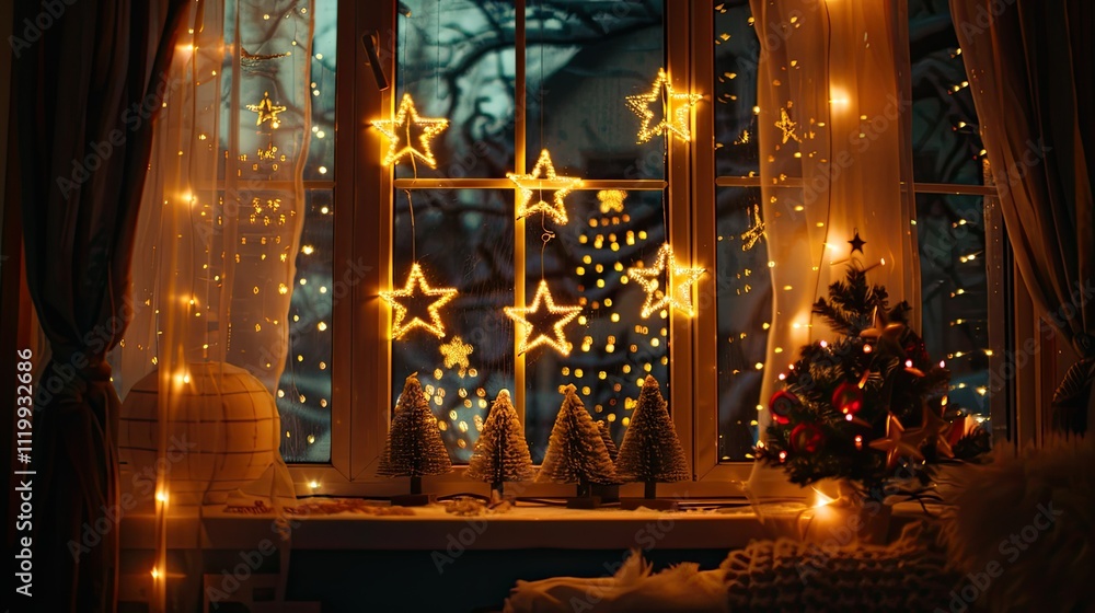 Obraz premium Starry night lights, star decoration lights on the window with stars hanging in front of it