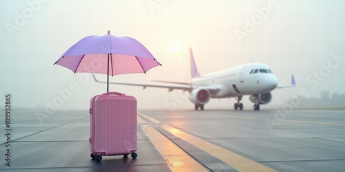 A pink suitcase and an umbrella on an airport runway symbolize travel insurance, providing peace of mind for travelers in uncertain situations.