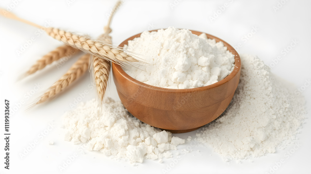 Pile of flour in a wooden plate with spikelets of wheat close-up on a white background. Isolated. Pile of flour in a wooden plate with spikelets of wheat close-up on a white background. Isolated.