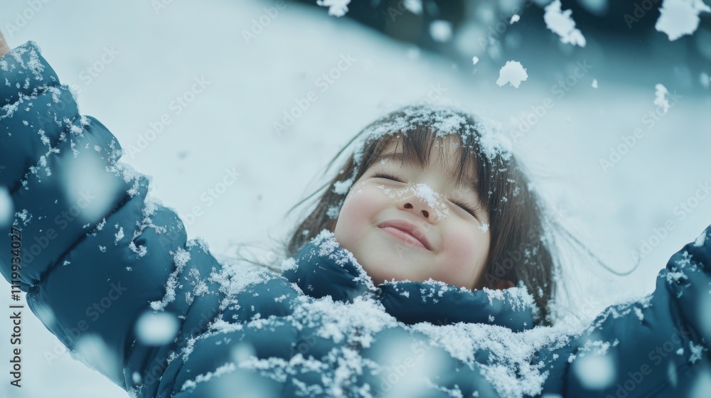 雪に覆われた冬のワンダーランドを満喫する喜びに満ちた日本の子供 雪に覆われた冬のワンダーランドを満喫する喜びに満ちた日本の子供