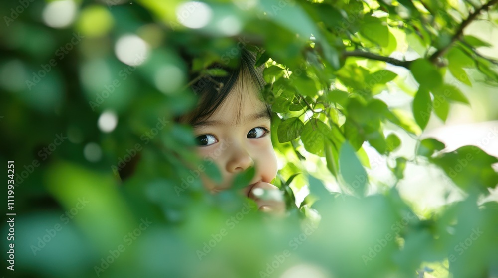 豊かな緑の中で楽しいかくれんぼ:春の冒険を満喫する日本の少女 豊かな緑の中で楽しいかくれんぼ:春の冒険を満喫する日本の少女