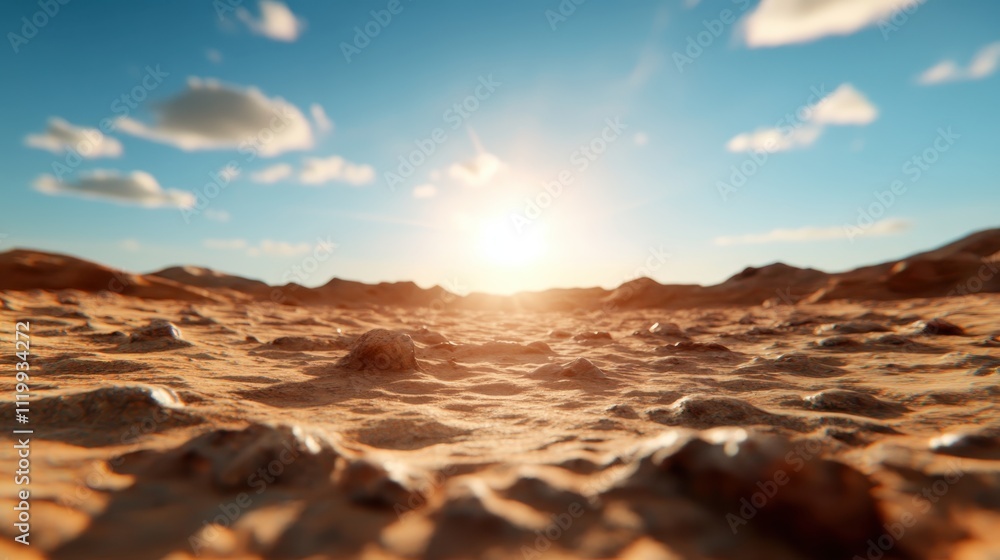 Naklejka premium The sun's rays illuminate a rocky desert terrain as it sets over the horizon, creating a captivating scene of natural beauty and tranquility against a blue sky.