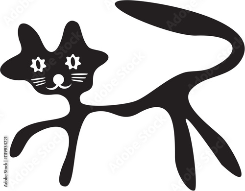 Black cat silhouette on white background. Elegant cartoon crazy cat with big tail and ears. Vector graphics
