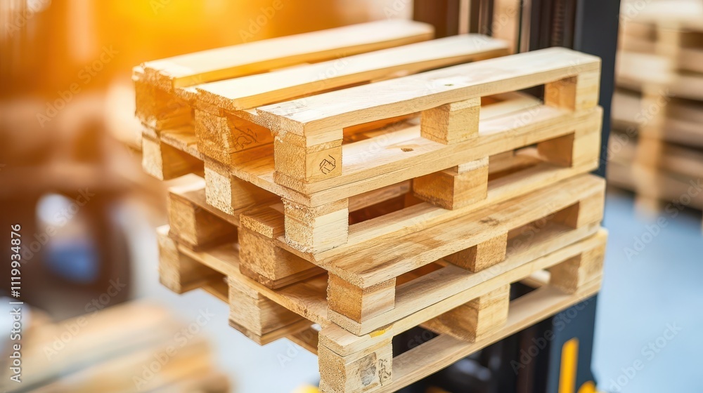 Stack of Wooden Pallets Being Lifted by a Forklift in a Warehouse Setting, Showcasing the Industrial Environment and the Use of Material Handling Equipment Stack of Wooden Pallets Being Lifted by a Forklift in a Warehouse Setting, Showcasing the Industrial Environment and the Use of Material Handling Equipment