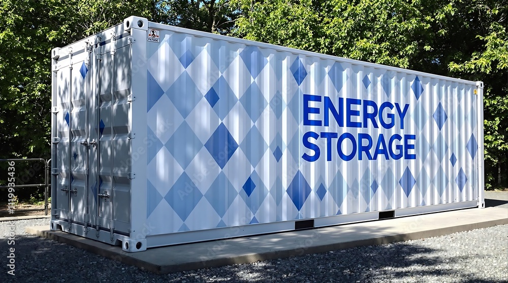 Obraz premium Modern Energy Storage System with Wind Turbines Solar Panels and Battery Container Panoramic View