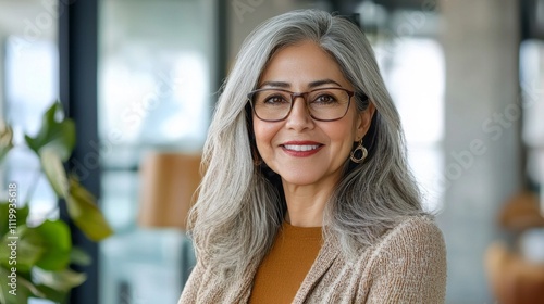 A smiling Latin professional with elegant gray hair and glasses stands confidently in a contemporary workspace. Natural light streams through large windows, creating a welcoming atmosphere Free Download A smiling Latin professional with elegant gray hair and glasses stands confidently in a contemporary workspace. Natural light streams through large windows, creating a welcoming atmosphere - GFXLoad