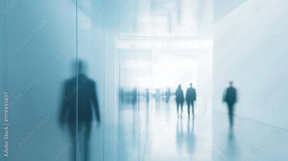 A crowd of blurred figures moves through a spacious and modern office space. A crowd of blurred figures moves through a spacious and modern office space.