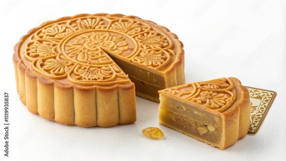 A giant mooncake resembling a giant golden coin symbolizing prosperity. Its surface is embossed with elaborate characters and the filling consists of sweetened taro and subtle A giant mooncake resembling a giant golden coin symbolizing prosperity. Its surface is embossed with elaborate characters and the filling consists of sweetened taro and subtle