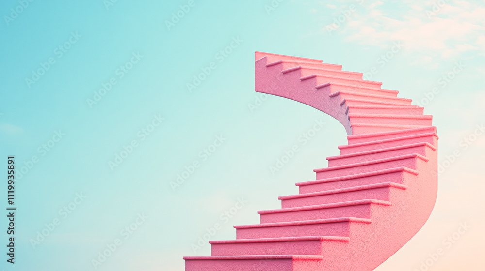 A pink staircase with a blue sky in the background A pink staircase with a blue sky in the background