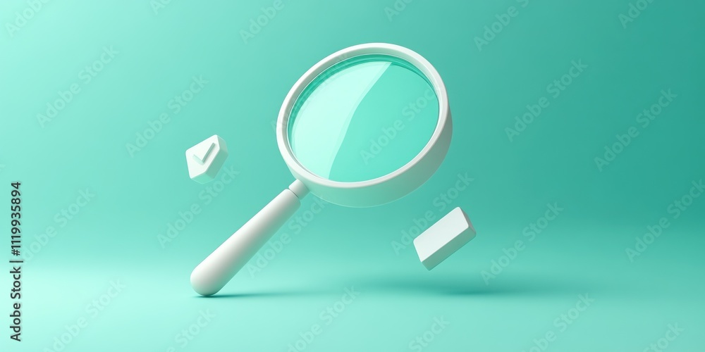 A 3D magnifying glass with floating geometric shapes on a teal background. A 3D magnifying glass with floating geometric shapes on a teal background.