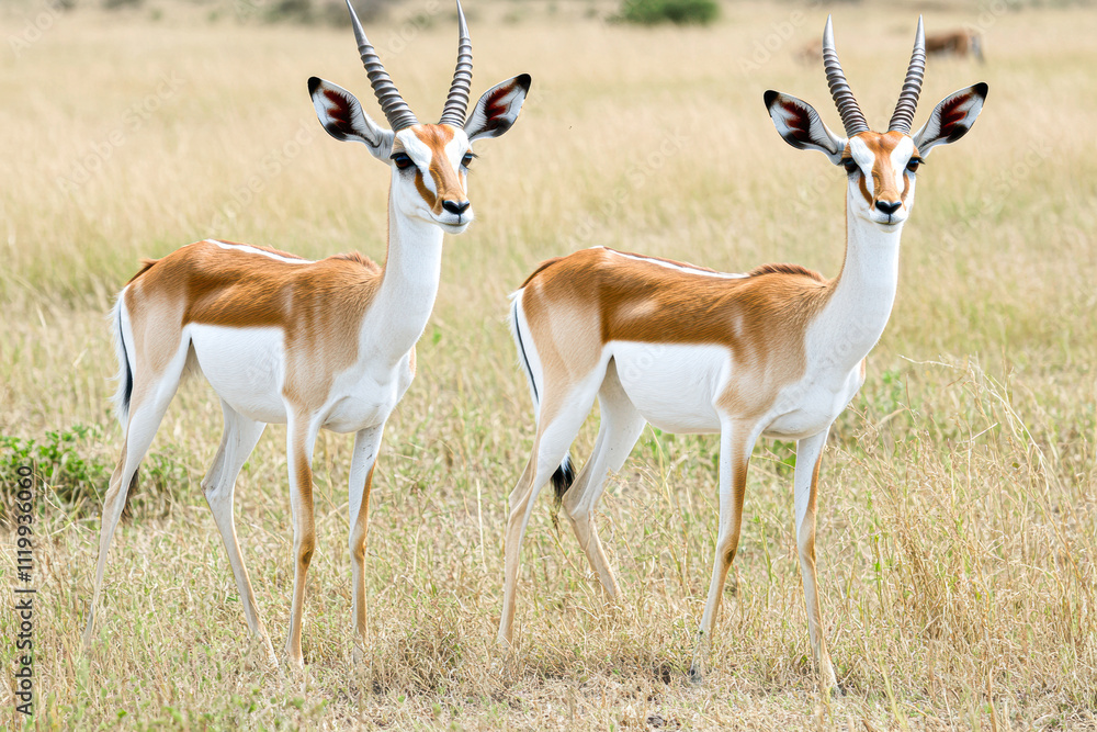 Naklejka premium Two antelope standing in a field of tall grass