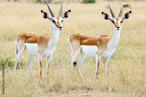 Two antelope standing in a field of tall grass