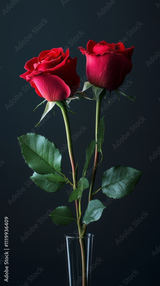 Obraz premium Elegant Red Roses in Glass Vase on Dark Background