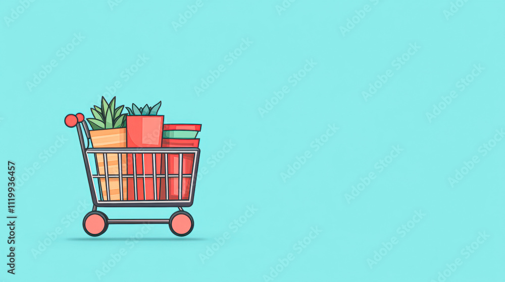 A shopping cart full of plants and books A shopping cart full of plants and books