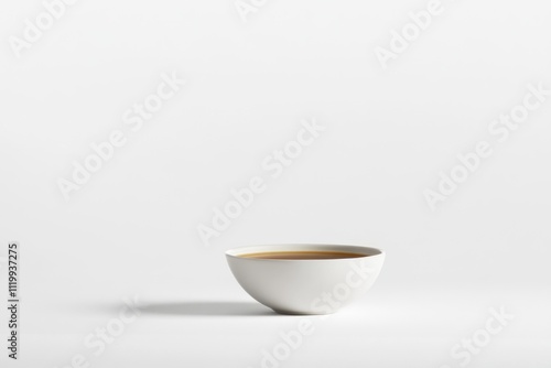 A minimalist white bowl filled with liquid, set against a plain background.