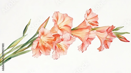 Fototapeta Naklejka Na Ścianę i Meble -  Delicate Watercolor Painting of Peach Gladiolus Flowers