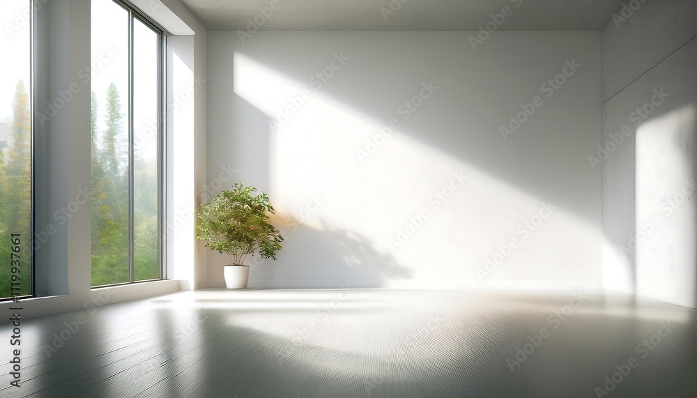 Fototapeta premium Bright, minimalist room with a plant and large windows.