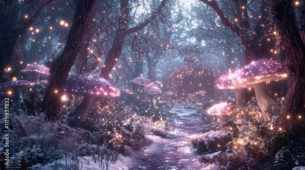 A captivating winter scene with glittering magical woodlands as backdrop. A captivating winter scene with glittering magical woodlands as backdrop.