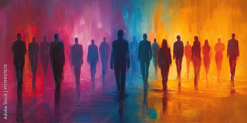 Silhouetted figures in vibrant abstract landscape with colorful gradient background Silhouetted figures in vibrant abstract landscape with colorful gradient background