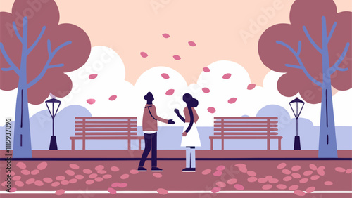 Pink leaves falling around a couple talking in a park with benches and street lamps during autumn, creating a romantic and scenic atmosphere