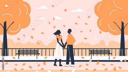Romantic couple holding hands while taking a stroll in a picturesque autumn park, surrounded by falling leaves and the warm colors of the season