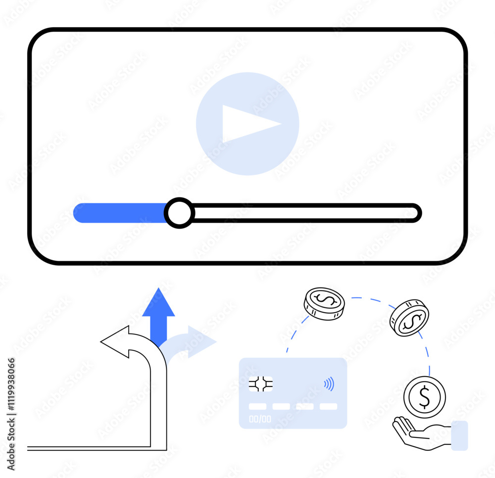 Video player progress bar with play icon, upward direction arrow, and digital payment represented by card and coins. Ideal for technology, media, finance, navigation, online streaming, e-commerce Video player progress bar with play icon, upward direction arrow, and digital payment represented by card and coins. Ideal for technology, media, finance, navigation, online streaming, e-commerce