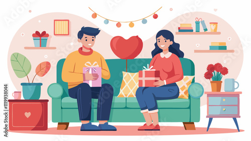 Young couple happily exchanging gifts on a cozy sofa in a festive living room, celebrating valentine's day. Surrounding by love and affection, they smile and enjoy the heartwarming moment
