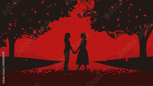 Two women are holding hands under trees with falling leaves in a romantic autumn setting, symbolizing love, togetherness, and the warmth of the season