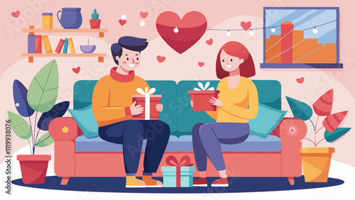 Young couple happily exchanging gifts on a cozy sofa in a festive living room, celebrating valentine's day. Surrounding by love and affection, they smile and enjoy the heartwarming moment