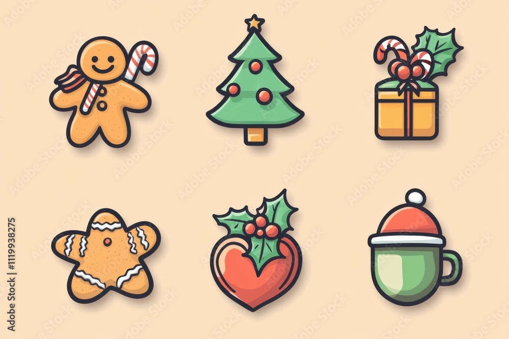 A charming set of Christmas icons featuring a festive Christmas tree, adorable gingerbread man, Christmas stocking, and a gift box with holly, perfect for holiday designs and celebrations. A charming set of Christmas icons featuring a festive Christmas tree, adorable gingerbread man, Christmas stocking, and a gift box with holly, perfect for holiday designs and celebrations.