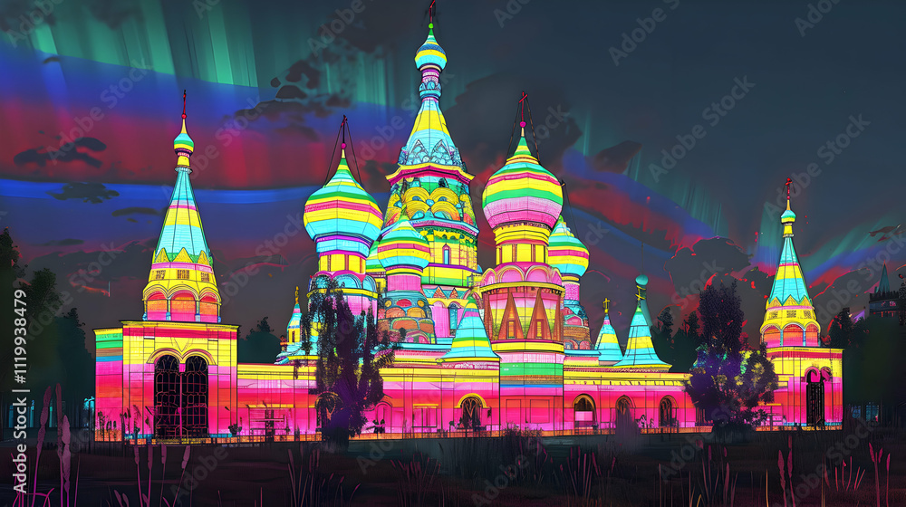 Naklejka premium A vibrant, illuminated architectural structure under a colorful sky.
