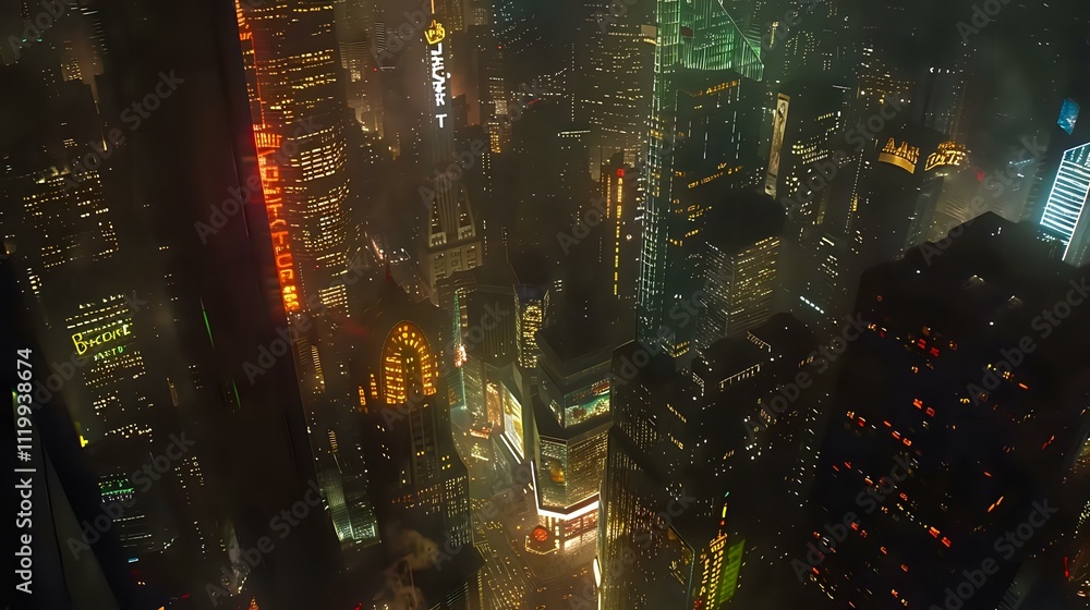 Fototapeta premium A vibrant, illuminated cityscape at night, showcasing towering skyscrapers and neon lights.