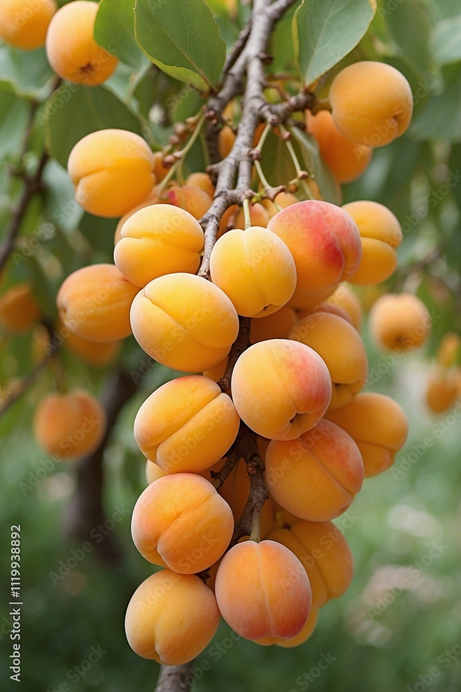 Cluster of Ripe Apricots with a Delicate Blush Hanging from a Tree, Cluster of Ripe Apricots with a Delicate Blush Hanging from a Tree,