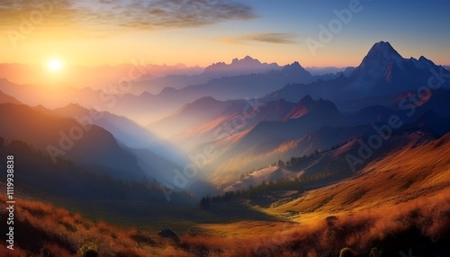 Serene mountain landscape at sunset with valleys.