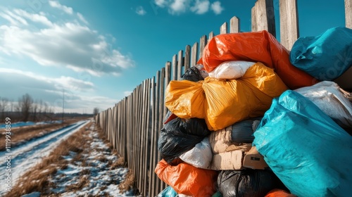 A bright collection of trash bags stacked high against a wooden fence, set in a roadside winter landscape, symbolizing the challenges of waste management during cold seasons. photo