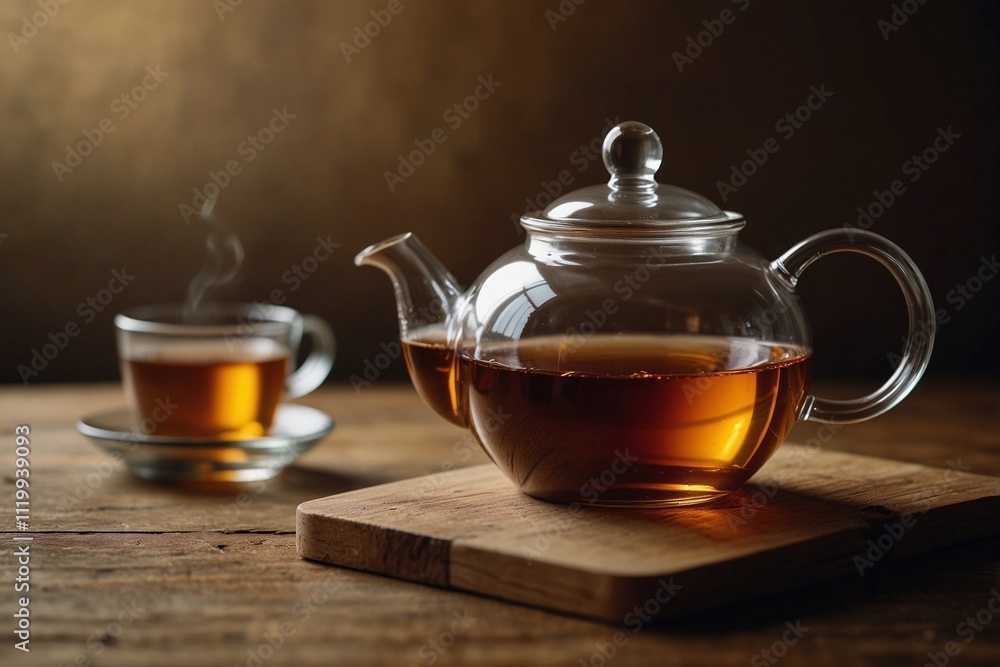Glass Teapot on a Wooden Table Next to a Glass Cup of Tea, Glass Teapot on a Wooden Table Next to a Glass Cup of Tea,