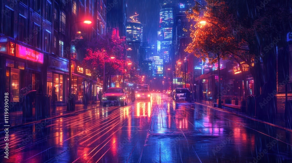 Fototapeta premium Cyberpunk City Nightscape: Rain-slicked Streets Reflecting Neon Lights
