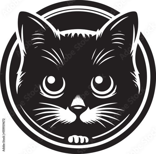 Cat peeking through a circular frame vector black silhouette