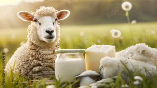 Image: sheep in field with milk jar, cheese, wool items. Rural, pastoral setting reflects sheep farming life. photo