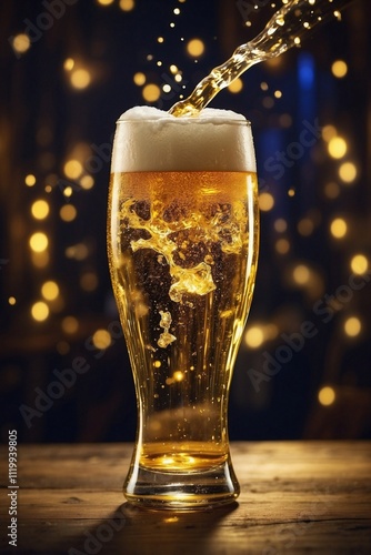 Sparkling and Smooth Beer in a Glass, Filled with Energy and Large Golden Electric Sparks.
