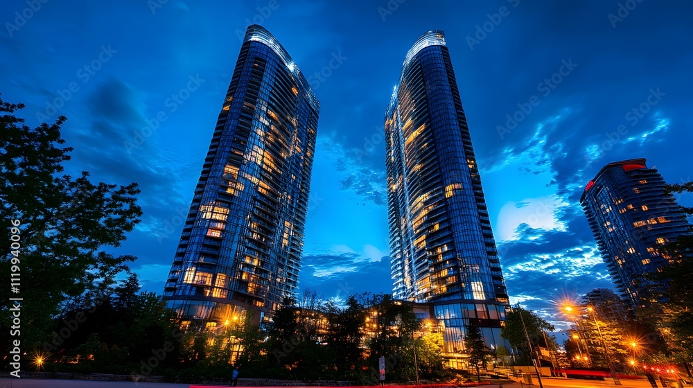 Obraz premium Nighttime view of two skyscrapers with lights on in downtown