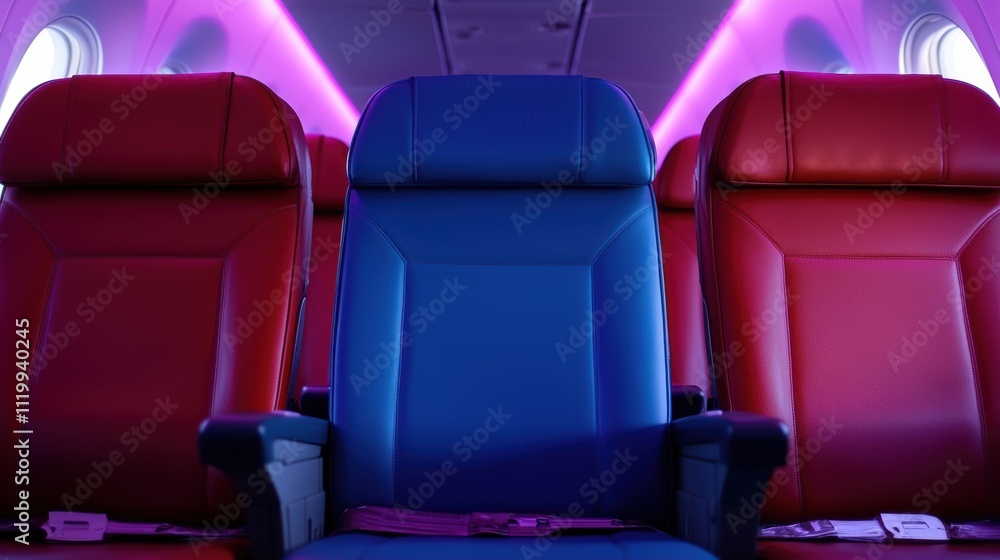 Colorful seats in airplane with purple lighting modern cabin interior Colorful seats in airplane with purple lighting modern cabin interior