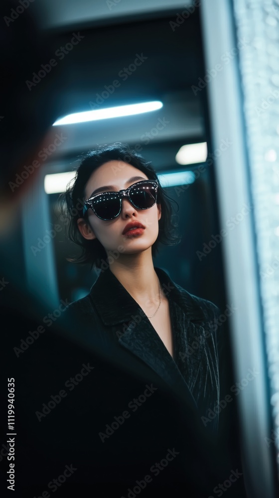 室内でサングラスを試着するおしゃれな日本人女性 室内でサングラスを試着するおしゃれな日本人女性