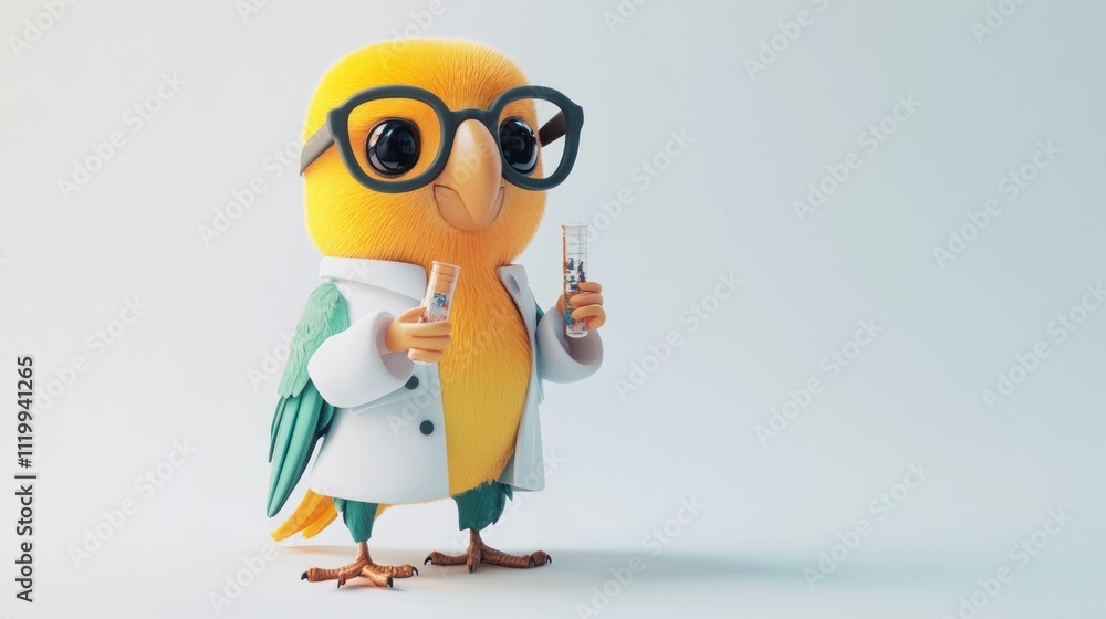 A cartoon bird in a lab coat holding test tubes, symbolizing science and research. A cartoon bird in a lab coat holding test tubes, symbolizing science and research.