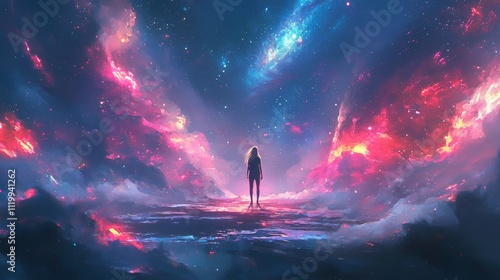 Concept of Mystical Silhouette in Cosmonic Nebula. Colorful Space Clouds.