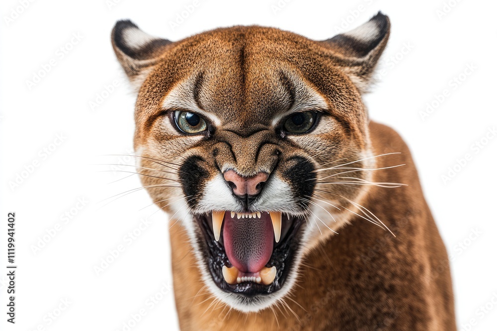 Obraz premium Close-up of a cougar showing its teeth, isolated on white