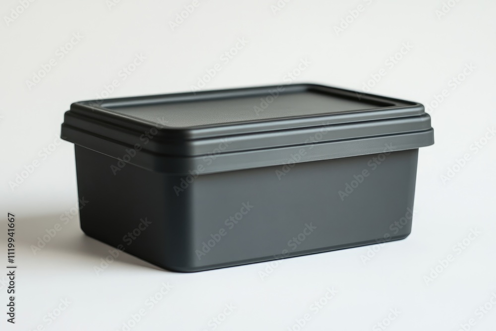 Closed gray plastic rectangular food storage container on white background