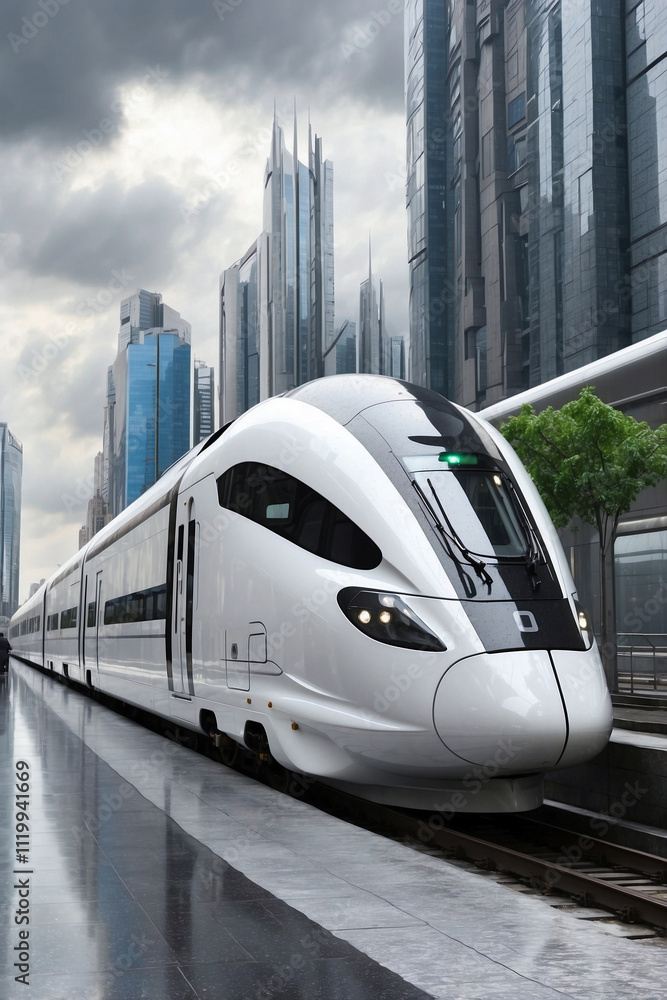 Naklejka premium High-Speed Train Against the Backdrop of a Beautiful City on a Gloomy Rainy Cold Day
